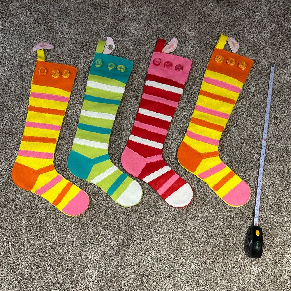 WHIMSY TRIMS Set of 4 Bright whimsical Felt Stockings 23 x 6 inches NEW!